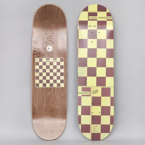 Evisen WYE2 - WYE4 skateboard deck: Cream and maroon chequerboard pattern covering the deck, styled like a record sleeve with small print, a catalogue number and an Evisen Records mark. The brown underside with a smaller board graphic is shown alongside.