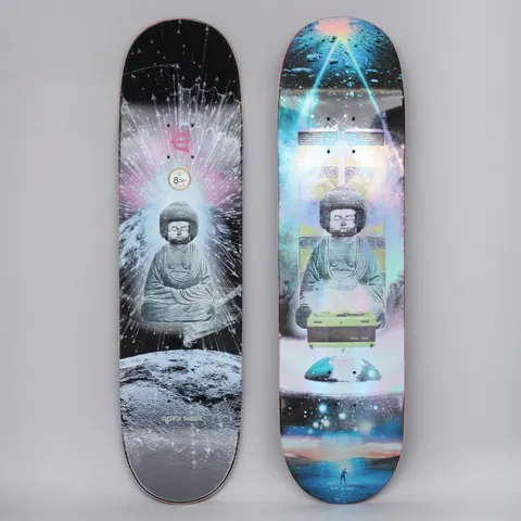Evisen DJ Afro Buddha skateboard deck: A grey stone Buddha statue with an afro-style hair sits behind a record deck in a cosmic scene with moon, galaxy and light beams. The top shows a holographic, colourful version and the underside a black and white one with an Evisen logo.