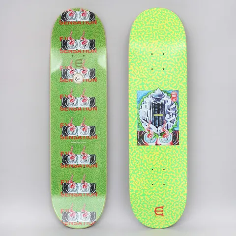 Evisen Club W Safety Green skateboard deck: Green and yellow squiggly pattern with a framed painting of a tall tower block among city buildings, bordered by an eye pair with red flames. The reverse repeats twin eye-and-flame images stacked with 'EYE SENSATION' in red, under a small 'Adults Only' label.