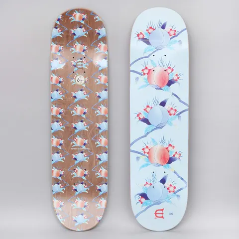 Evisen Hip Five Blue skateboard deck: Pale blue deck with a vertical column of five illustrated peaches among flowers, leaves and branches, with a small red Evisen logo at the tail. The underside repeats the peach pattern all over.