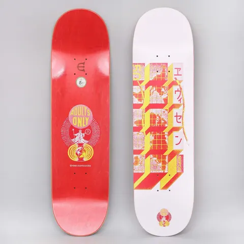 Evisen World Hall Pink skateboard deck: White deck with a red, yellow and pink grid of isometric blocks holding world map fragments, beside red Japanese katakana characters and a small woman's face at the tail. The underside has an Adults Only emblem.