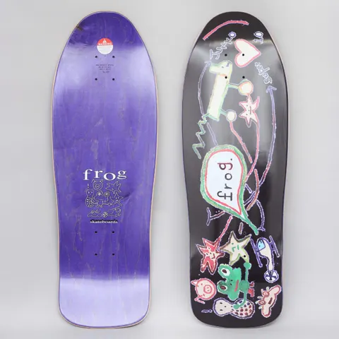 Frog Super Junko Black skateboard deck: Childlike crayon-style drawing on black of a skateboard with a speech bubble reading frog, a green frog, stars, a heart, a helicopter and small animals. Purple underside shows the frog skateboards logo with doodles.