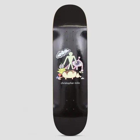 Frog Christopher skateboard deck: Black deck with a childlike coloured-pencil style collage in the centre: a green figure, a pink eye creature, a cloud, a ladybird, a star, a heart and a round animal, with the rider's name beneath.