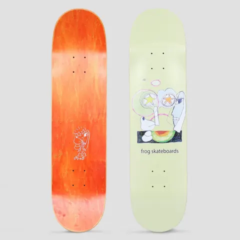 Frog Senseless Lime skateboard deck: A pale lime deck with a childlike crayon drawing of a face with star-filled eyes, a pale blue profile and a green and red bowl shape below. Frog skateboards is written beneath. The other side shows an orange stain with a small frog character.