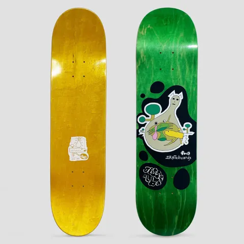 Frog Jesse Alba Micro Biome skateboard deck: Green stained deck with a black blob shape holding a naive drawing of a figure in a glass flask, with a frog, a fish and a worm inside and little trees outside. 'Frog Skateboards' and 'Jesse Alba' appear in white lettering.