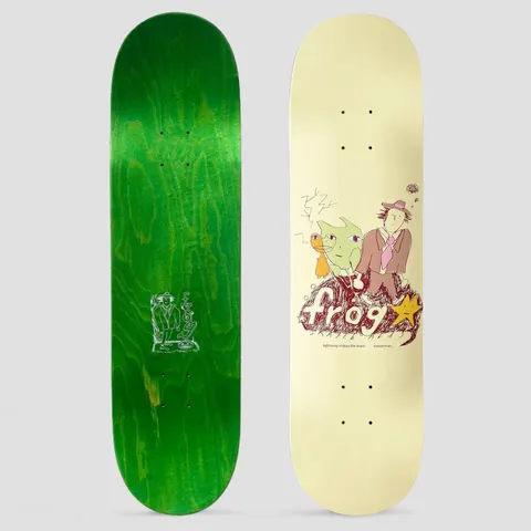 Frog Lightning Strikes the Brain Sometimes skateboard deck: Loose line drawing on cream of a man in a brown suit and pink tie beside a green creature, with lightning bolts, over a scribbled maroon mound with a hand-lettered frog logo and star. Underside is green-stained with a small white drawing.