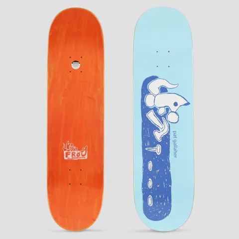 Frog Pat G Okay Squirrel skateboard deck: Light blue deck with a rough blue and white drawing of a squirrel-like creature holding a hammer above a nail, with small oval shapes below. Rider name in small text. Orange underside with Frog logo shown alongside.