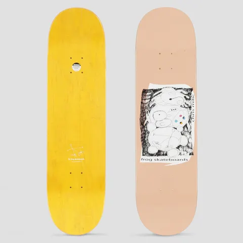 Frog Chris Milic Secret Room skateboard deck: Peach deck with a framed, scribbly black-and-white pen drawing of stacked cartoonish creatures holding a small coloured palette, with 'chris milic' and 'frog skateboards' in plain type. Underside is yellow with a small frog sketch.