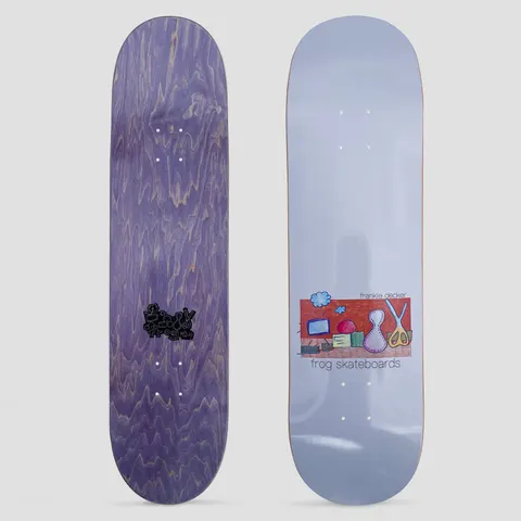 Frog Frankie Decker Indoor Voices skateboard deck: Lilac-grey deck with a small crayon-style drawing in the lower half of a television, scissors, a vase and other household objects on a red background. Frankie Decker and Frog Skateboards in small type.