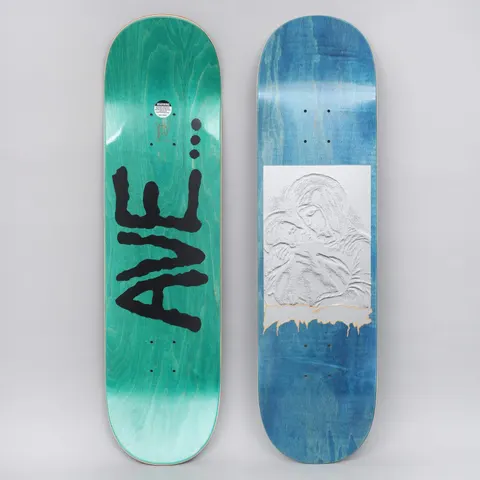 Fucking Awesome AVE Drawing skateboard deck: Blue-stained deck with an embossed silver-white engraving of a robed figure cradling another, with melting drips at its base. The teal underside shows AVE in black smudged lettering with three dots.