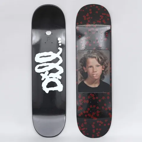 Fucking Awesome Dill Hologram skateboard deck: Black deck with a white scrawled blobby logo on the top, and a second view with a school-portrait photo of a long-haired child with a gap in front teeth, set in a black panel with red splatter dots.