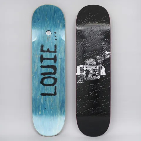 Fucking Awesome Louie Who Cares Black skateboard deck: Black deck covered in an embossed repeating logo pattern, with a white collage of cartoon characters and a small 'Who Cares?' sign at the centre. The blue-stained underside has LOUIE in rough black spray lettering.
