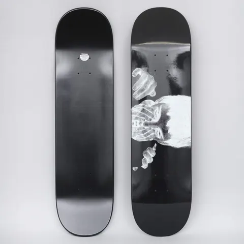 Fucking Awesome Safe Place Dipped Black skateboard deck: Black-dipped deck with a monochrome, negative-style drawing of a figure with dark hair hiding its face behind several pairs of overlapping hands, set low on the right of the board.