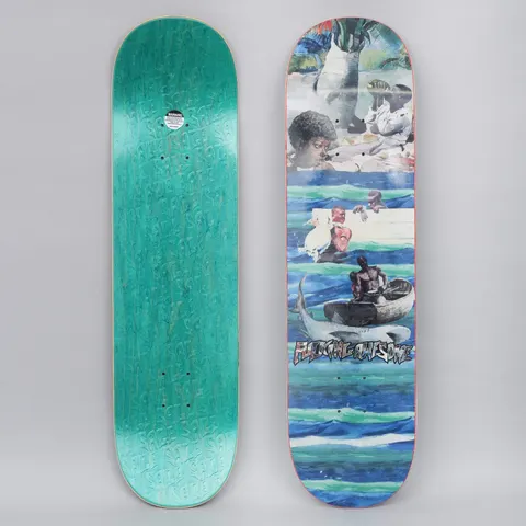 Fucking Awesome Sage Ocean skateboard deck: Collage of painted figures and portraits over wavy blue and green sea stripes, including men in a small boat with a shark beside it. Fucking Awesome lettering sits in the lower middle. The photo shows the top graphic beside a teal underside.