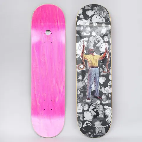 Fucking Awesome Snakeman skateboard deck: Black and white collage of upturned faces filling the deck, with a tinted colour figure in a yellow shirt and grey trousers at the centre, holding up a snake in each hand.