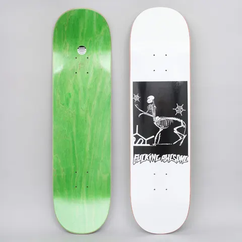 Fucking Awesome Centaur White skateboard deck: Black square panel on a white deck showing a white skeleton centaur, with a human skeleton torso on a horse skeleton body, between two small spiky emblems. Hand-drawn Fucking Awesome lettering underneath.
