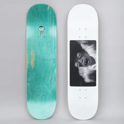 Fucking Awesome FA / Hockey White skateboard deck: Square black and white blurred photograph of a screaming face with closed eyes, placed low on a plain white deck. Underside is teal-stained.