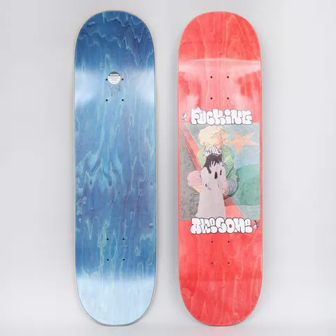 Fucking Awesome Sorry Bern skateboard deck: A collage panel of a blond child in a green top crouched beside a black and grey ghostly figure, with a red star, under bubble-style Fucking Awesome lettering, on a red-stained deck. Blue underside shown alongside.