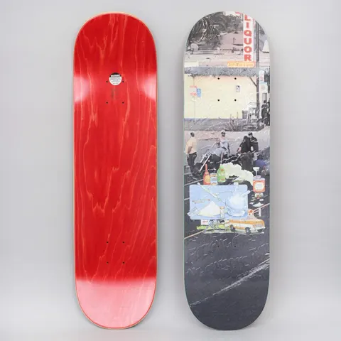 Fucking Awesome Ambulance skateboard deck: Collage of a street scene with a liquor store sign, a group of people around a parked vehicle and a drawing of bottles, drugs and a yellow ambulance over a dark road. Red underside also shown.