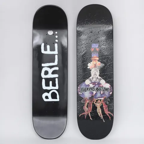 Fucking Awesome Berle Dipped Black skateboard deck: Black deck with a repeated embossed Fucking Awesome logo pattern and a collage of a mushroom cloud, a veiled figure and a purple globe over dancing nude women. The underside has BERLE in large white brush letters.