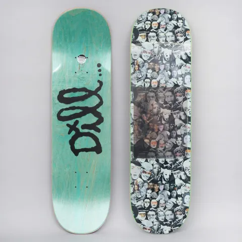 Fucking Awesome Dill Heads Collage Hologram skateboard deck: Dense black and white collage of cut-out faces covering the deck, with a holographic rectangular panel in the middle. The teal underside carries a black scrawled Dill tag.