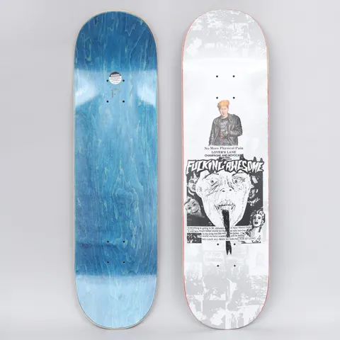 Fucking Awesome Face Reality Silver skateboard deck: A black and white zine-style collage with a pale grey photo background, a figure in a leather jacket with orange hair, the brand logo, a screaming drawn face with a black tongue and small printed slogans. Underside is blue stained wood.