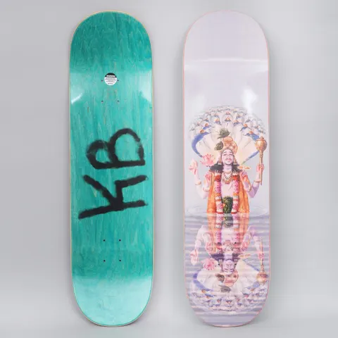 Fucking Awesome Kevin Bradley Ganesh skateboard deck: Painting-style image of a multi-armed deity under a many-headed serpent canopy, standing in water with a mirrored reflection below, on a pale lilac ground. The base is stained green with a black KB tag; both sides shown.