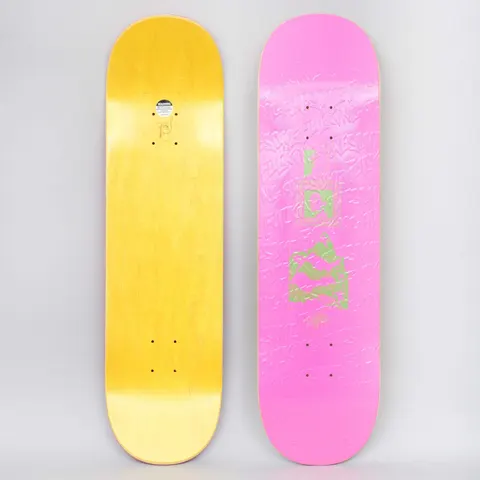 Fucking Awesome Malcom Speaks Pink skateboard deck: Pink deck with a tone-on-tone embossed repeating brand logo pattern, and a green block-printed stack of small framed images and a bold figure in the middle. A signature sits beneath.