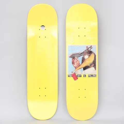 Fucking Awesome Skyfall Dipped Yellow skateboard deck: A collage of a hand holding a red spray can, a passenger jet and a figure with a yellow cone for a face against a blue sky, captioned The Sky Is Falling, on a yellow deck. The photo also shows the plain underside.