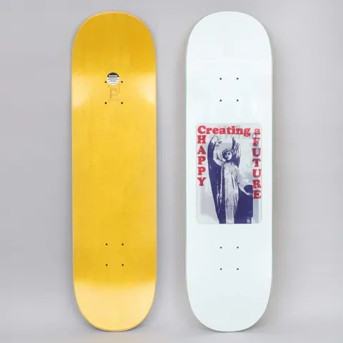 Fucking Awesome The Future White skateboard deck: A framed duotone photo of an angel statue with raised arm, in navy and grey, on a white deck. Red lettering around it reads Creating a Happy Future.