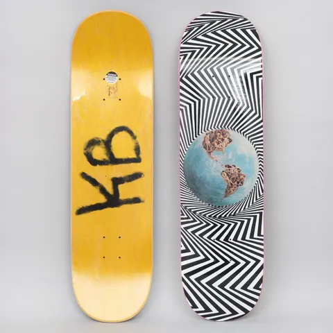 Fucking Awesome World Fucking Black / White skateboard deck: Blue-and-brown globe floating in a hypnotic black and white zigzag vortex, its continents made of tangled nude bodies. Underside has a spray-painted KB tag on a yellow stain.