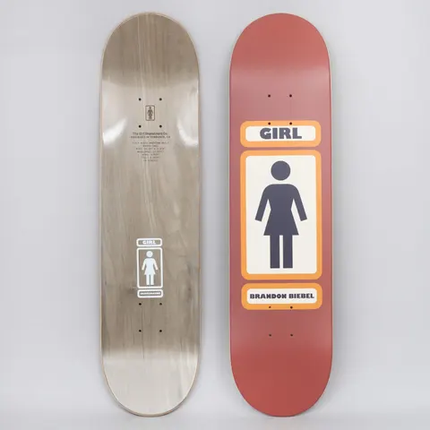 Girl Brandon Biebel 93 Til Brown skateboard deck: Girl's figure logo in a cream panel with orange borders, with the Girl name in a panel above and the rider's name below, on a rust red deck. The photo shows the bottom face too.