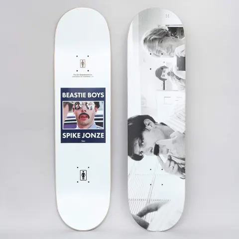Girl Beastie Boys Spike Jonze #4 skateboard deck: Two views of a white deck. The top shows a blue-framed still of a moustached man in mirrored sunglasses with 'Beastie Boys' and 'Spike Jonze' captions; the bottom shows a black-and-white photo of three people, one with a hand to his chin.