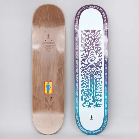 Girl Simon Bannerot Mystic OG One Off skateboard deck: White deck with a Greek-key border and a symmetrical psychedelic wavy pattern around an eye at the centre, fading from purple at the top to teal at the bottom. Small Girl logo at the tail; the underside is also shown.