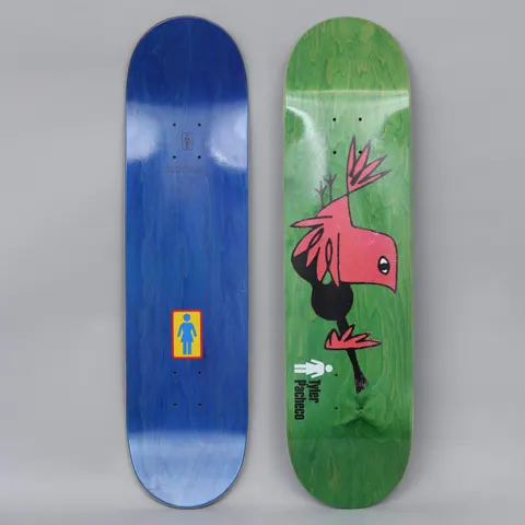 Girl Tyler Pacheco Vinyl One Off Green skateboard deck: Green-stained deck with a crude pink bird drawn upside down, balancing on its beak, with long black legs. The Girl logo and rider's name are at the lower left. The photo also shows the blue-stained underside with a Girl logo.
