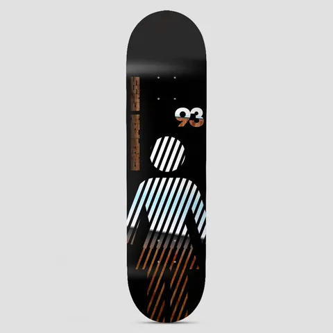 Girl Griffin Gass Future OG Black skateboard deck: Girl woman-symbol silhouette filled with diagonal white stripes, fading into copper-brown wood texture towards the legs, on a black deck with a large 93 at upper right and a narrow wood-textured bar at the left.