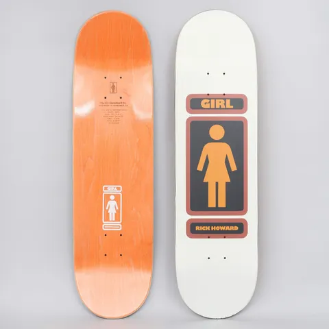 Girl Rick Howard 93 Til Cream skateboard deck: Cream deck with Girl's orange female figure logo inside a dark rounded panel with brown borders, a 'Girl' banner above and 'Rick Howard' below. Shown with its orange-stained underside and small Girl logo.