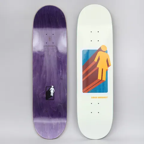 Girl Simon Bannerot 3D OG Cream skateboard deck: Girl's OG figure logo in orange-yellow rendered in 3D with a long brown extruded shadow, set in a blue rectangle on a cream deck. Name in small orange type beside it; purple stained underside shown alongside.