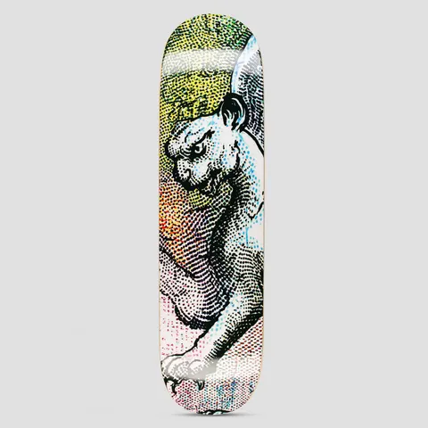 GX1000 Hail Storm Jeff Carlyle skateboard deck: Engraving-style black and white panther or big cat crouching and glaring, rendered in halftone dots, with rainbow gradient colours of yellow, orange, blue and pink showing through the dots.