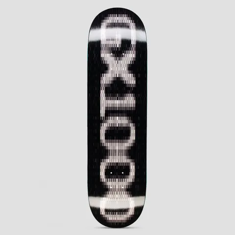 GX1000 OG Logo Blur Black skateboard deck: Black deck with the GX1000 logo set vertically in large pixelated white letters, blurred with a motion-smear effect and horizontal light streaks.