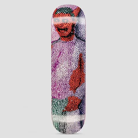 GX1000 Possessed T4 skateboard deck: Halftone-dot image of a figure with a red devil mask and three eyes in a pale top, with red torn shapes over the body, in purple, red and green dots.