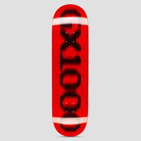 GX1000 OG Logo Blur Red skateboard deck: Large pixelated, motion-blurred black GX1000 logo running the length of a bright red deck, with white blurred bands at nose and tail.