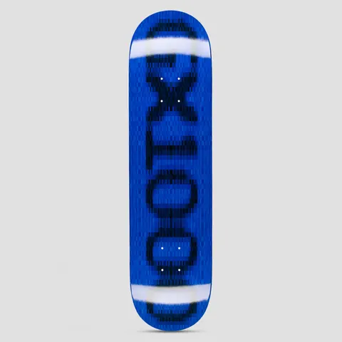 GX1000 OG Logo Blur Blue skateboard deck: The GX1000 logo as large pixelated black lettering running the length of the deck, blurred and smeared with horizontal white bands, on a bright blue deck.