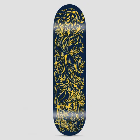 GX1000 Jeff Carlyle Caught in Contentment skateboard deck: Navy deck covered in a dense, loose yellow line drawing of tangled figures, animals and plants, including a large reptile-like creature at the top and a nude figure lower down. Artist name is scrawled near the bottom.