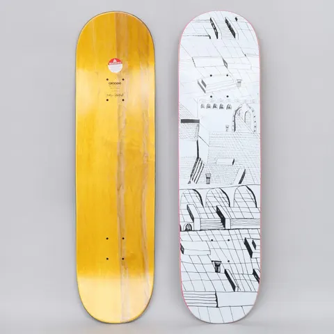 GX1000 Joe Sticker White skateboard deck: Black line drawing on white of a rambling, tiled townscape of rooftops, arches, steps and ledges seen from above. The yellow underside has a small warning label and a signature.