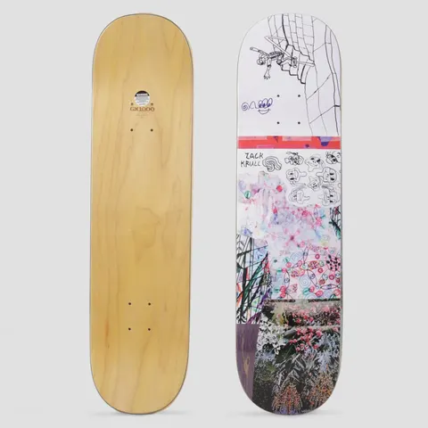 GX1000 Dark Spring Krull skateboard deck: Collage of line drawings and photos: a sketch of a figure on a staircase, rows of doodled faces labelled with the rider's name, a colourful abstract painting and a flower-filled photo of foliage.