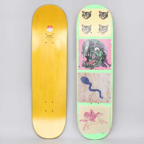 GX1000 Party Pack Green skateboard deck: A green deck with a column of rough-edged panels: four black cat faces, a green monster head on pink, a blue sperm-like squiggle on a textured panel, and a pink winged horse line drawing. Underside is yellow-stained with GX1000 logo.