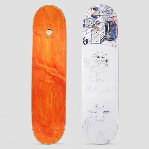 GX1000 Stickup skateboard deck: White deck covered in pen and marker doodles: a cityscape of buildings at the top, a gun-toting pig in a fedora and trench coat in the middle, and a pig in a hat on lined paper at the bottom, with a bubble GX1000 logo.