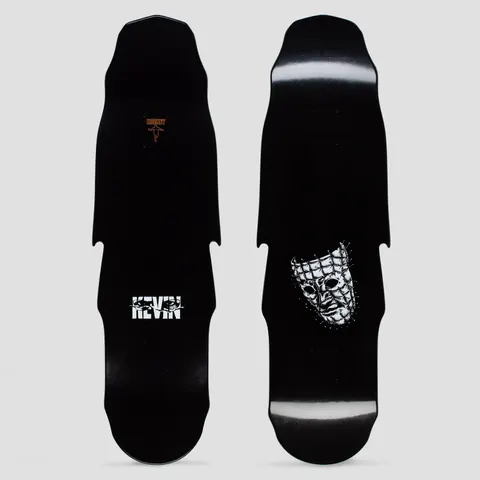 Hockey Kevin Rodrigues Tsunami Black skateboard deck: Black shaped deck with a white pin-studded grid mask face near the tail, and the rider's first name in white cut-out lettering on the other view. Small orange Hockey logo at the top.