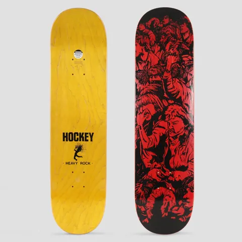 Hockey Rockers skateboard deck: A dense red and black illustration of a crowd of long-haired rock fans, some with eyes shut and mouths open, packed together across the whole deck. The underside has Hockey and Heavy Rock text with a small figure on yellow.